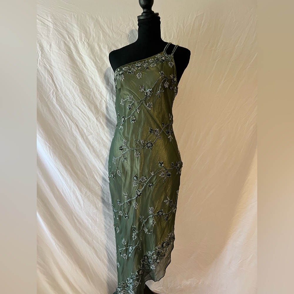 Vintage Scala Asymmetric Beaded Green Evening Dress - Picture 3 of 16